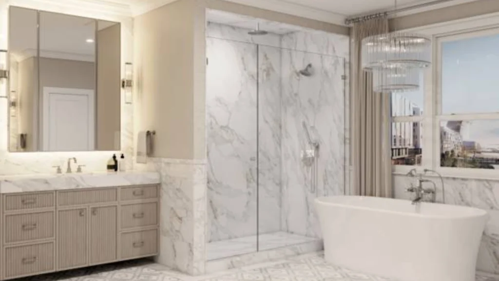Luxurious bathroom with marble walls, glass shower, freestanding tub, vanity. -bathroom remodel bellevue