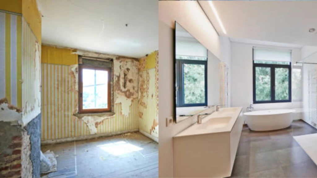 Before-and-after bathroom renovation, transforming old, damaged space into modern elegance. -bathroom remodel bellevue wa