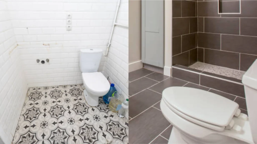 Before-and-after bathroom renovation, upgrading outdated toilet to modern design. -bathroom remodeler