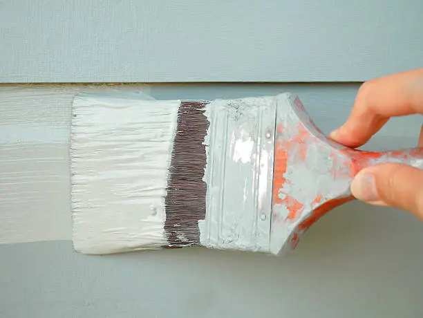 Hand with brush paints siding carefully, highlighting interior and exterior painting.