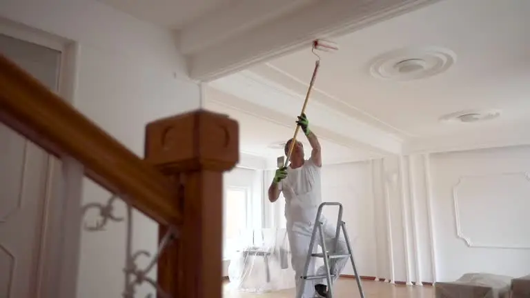 Painter uses roller on ceiling, showing interior and exterior painting differences.