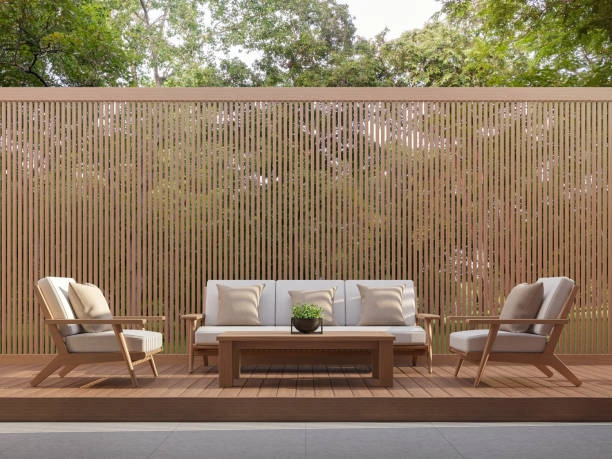 Stylish backyard deck and patio designs featuring sleek wooden furniture.